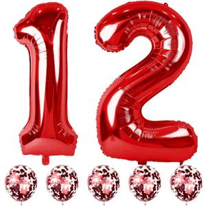 12th Birthday Balloons for Boys Girls, 40 Red Foil Number 12 Balloons with Confetti Latex Helium Balloons, Red Birthday Party Balloons Numbers 1 and 2 for Women Men 12th 21st Anniversary Decorations