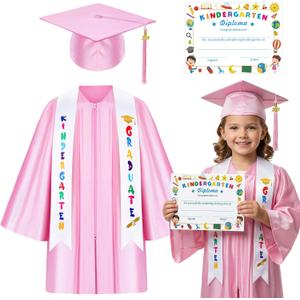 Kids Kindergarten Preschool Graduation Gown Cap Set with 2026 Tassel Graduation Stole Certificate for Grad Gift (Pink, 33)