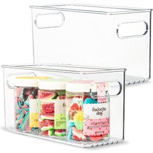 2 pack Clear Plastic Storage Container Bin with Integrated Easy Grip Handles. For Kitchen, Fridge, Freezer, Cabinet, Pantry, Bathroom Organization. 10"x4"x5"