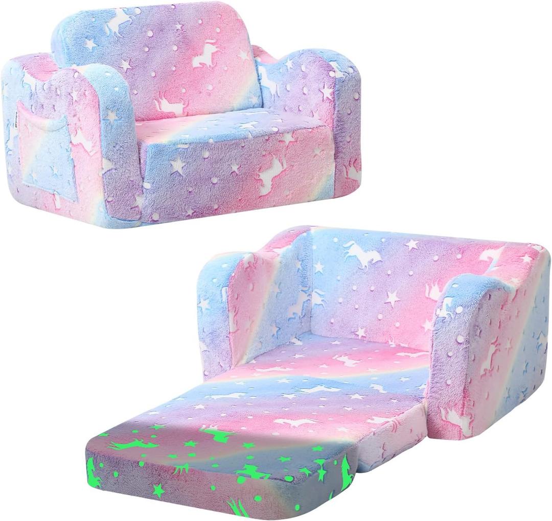 MeMoreCool Kids Fold-Out Couch, Convertible Glowing Rainbow Unicorn Flip Sofa Chair for Playroom, Toddler Lounger for Girls and Boys
