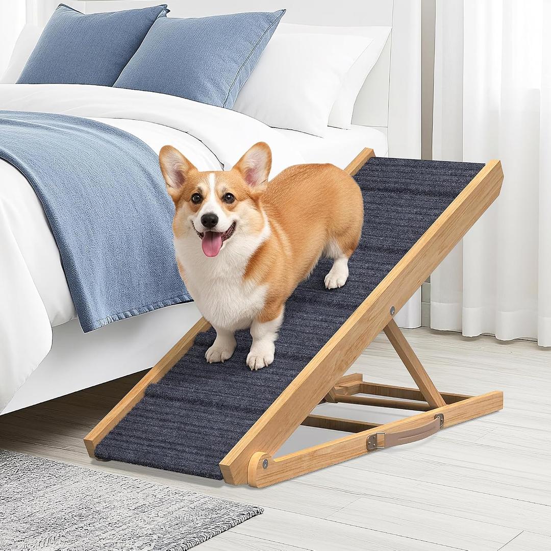 Adjustable Dog Ramp for Bed - 39" Long Foldable Wooden Ramp for Dogs to Get on Bed, Couch, or Car with 13.4" Wide Walking Space (Natural Wood with Gray Carpet)