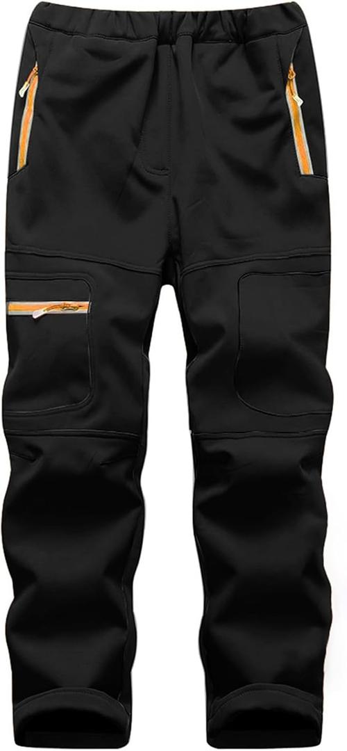 linlon Kids Boy's Snow Waterproof Pants Youth Fleece Lind Hiking Softshell Warm Insulated Trousers (14-15 Years, Black)