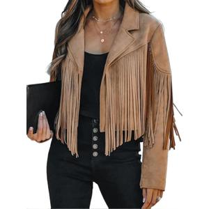 Faux Suede Leather Jackets For Women Trendy Fall Western Fringe Cropped Jacket 2025 Tassel Motorcycle Crop Coats (Brown, L)