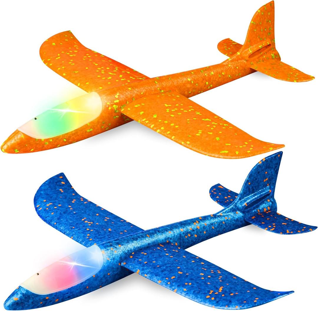 2 Pack LED Light Airplane,17.5" Large Throwing 2 Flight Mode Glider Plane,Flying Toy for Kids,Gifts for 3 4 5 6 7 8 9 Years Old Boy,Outdoor Sport Toys Birthday Party Favors Foam Airplane (Yellow and Blue)