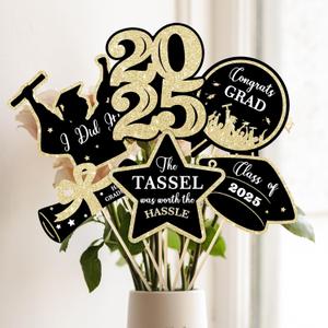 COCHIE Class of 2025 Graduation Party Decorations, Table Centerpieces Sticks for Grad Parties Supplies, Shiny Table Topper Decor for Kindergarten Preschool High School College (Glitter Black and Gold)