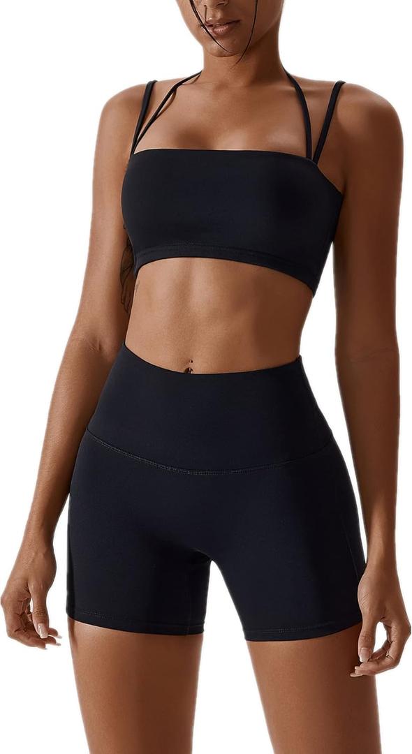 ABOCIW Workout Sets for Women 2 Piece Twist Front Halter Sports Bras High Waist Biker Shorts Exercise Gym Yoga Outfit (Small, Z-black)