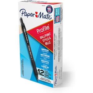 Paper Mate Ballpoint Pen Profile Retractable Pen Medium Point (1.0mm) Black 12 Count