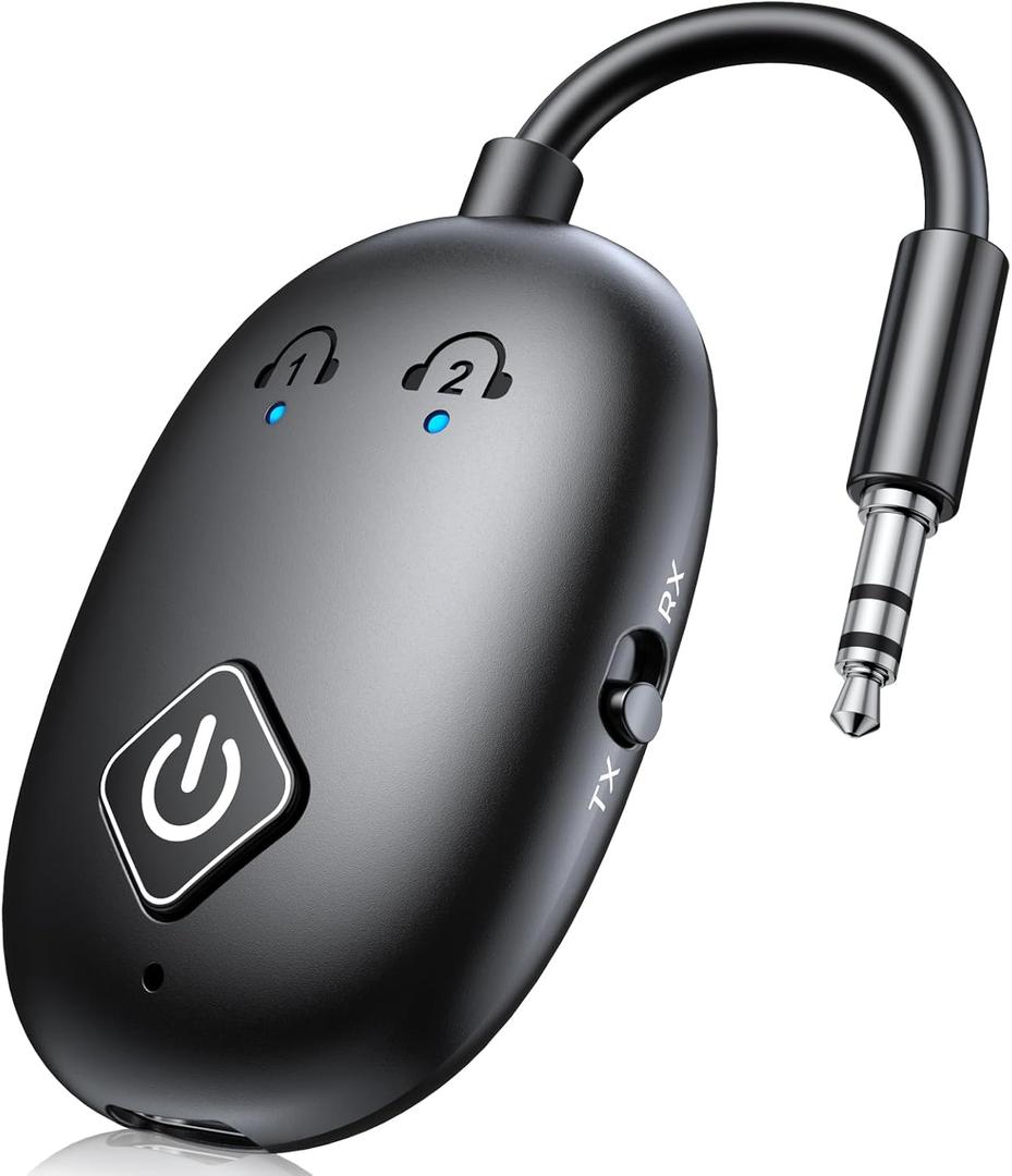 Bluetooth 5.3 Transmitter Receiver for Airplane TV, 2 in 1 Wireless Bluetooth Adapter for Airplane AirPods or Wireless Headphones Dual Pairs, 3.5mm Aux Adapter for Flight TV Gym Car/Home Stereo