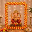 Wooden Ganpati Decoration Mandap Stand with Artificial Marigold Garlands