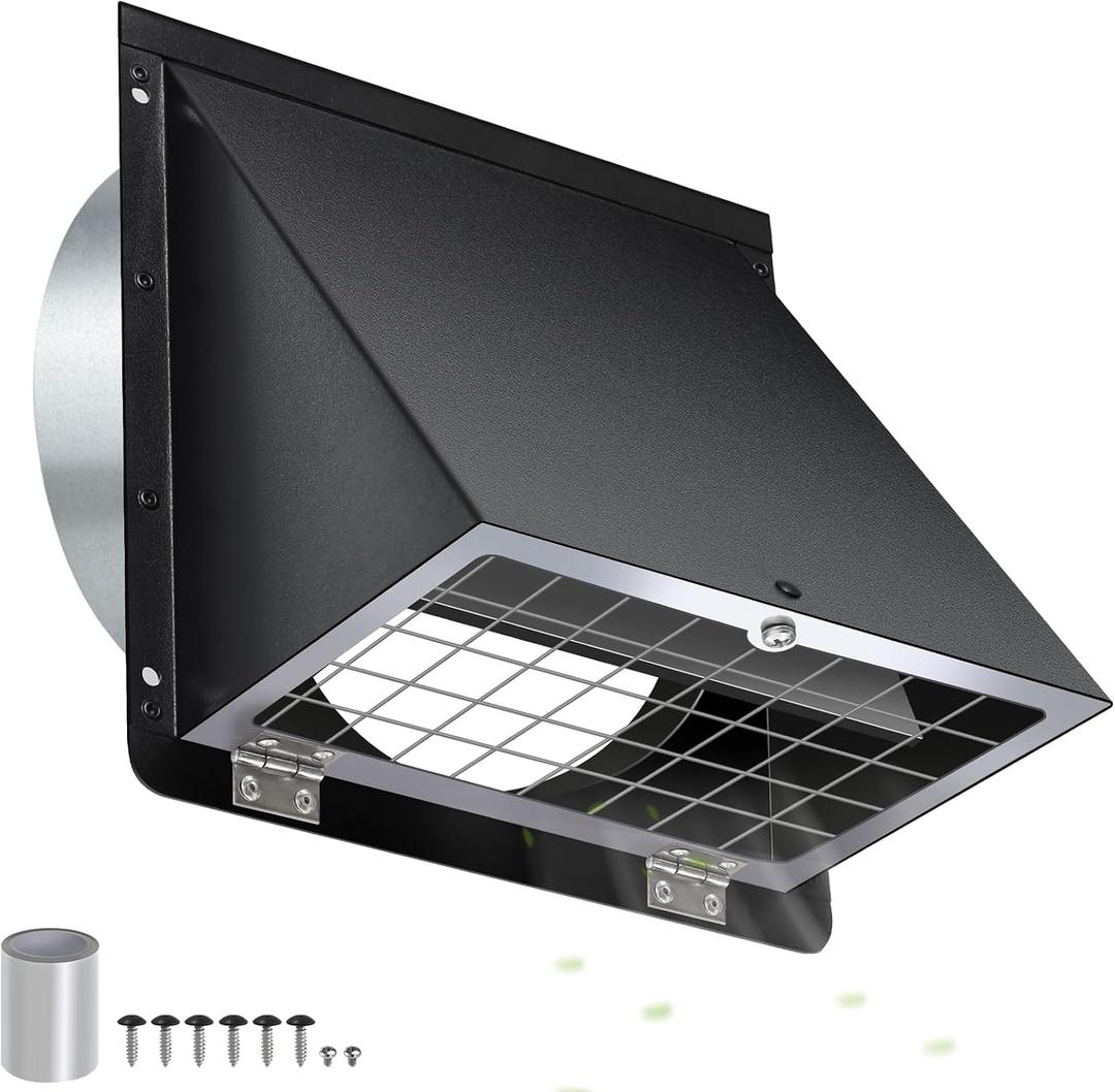 6 Inch Hooded Wall Vent with Mesh and Damper,6'' Exhaust Vent Cover,6in Dryer Vent Cover Outside Metal Wall Exhaust Duct Cap for Kitchen Range Hood/Bathroom Exhaust/Laundry-Galvanized Steel,Black