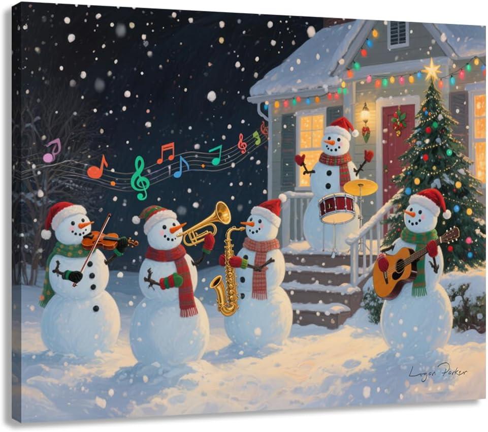 2 x Woxfcart Musical Snowman Christmas Wall Art Canvas Print, Winter Holiday Snow Scene with Snowmen Band, Home Decor, 15 x 12 inche (Xmas-25-14)
