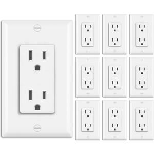 BESTTEN 15 Amp Decorator Receptacle Outlet, Standard Electrical Wall Outlet for Residential and Commerical Use, 15A/125V/1875W, Decor Wall Plate Included, UL Listed, 10 Pack, White