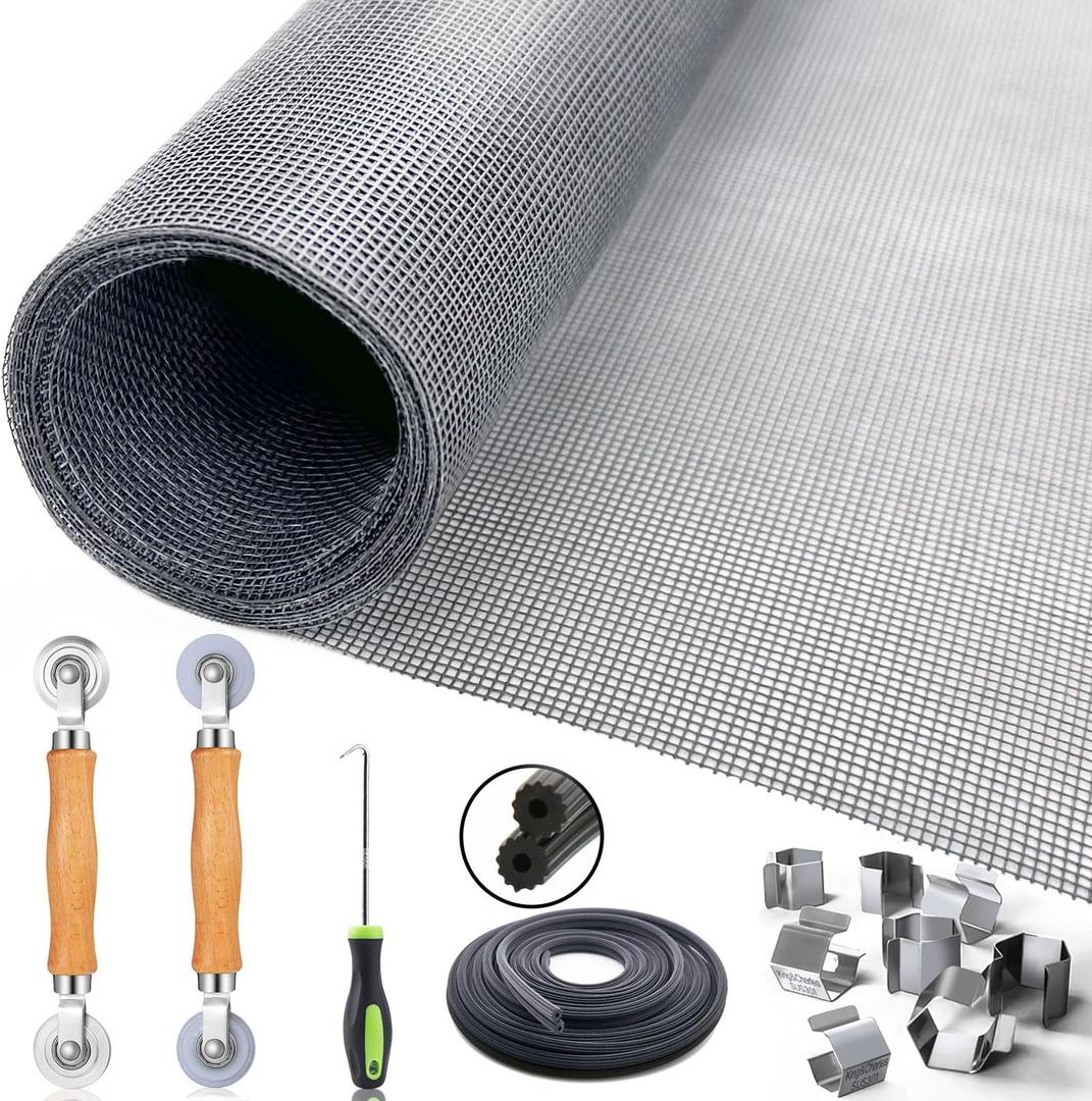 King&Charles Window Screen Door Repair/Replacement Kit, Include Gray Screen Mesh 48"x118"+ 2 Roller+50Ft Spline+8Clips+Hook, 6 in 1 Window Mesh Kit, Steel/Nylon Bearing Roller