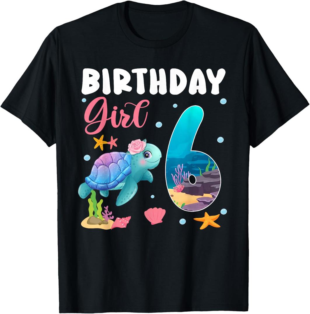Birthday Girls 6th Sea Turtle 6 Year Old Ocean Aquarium T-Shirt (Black, Kids 8)