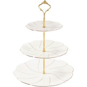 DUJUST Luxury Larger 3-Tier Cupcake Stand Tower, British Style Porcelain Serving Tray with Golden Trim, Food Grade Dessert Display Stand for Tea Party & Home Décor - 45% Larger Plates, Elegant White Larger