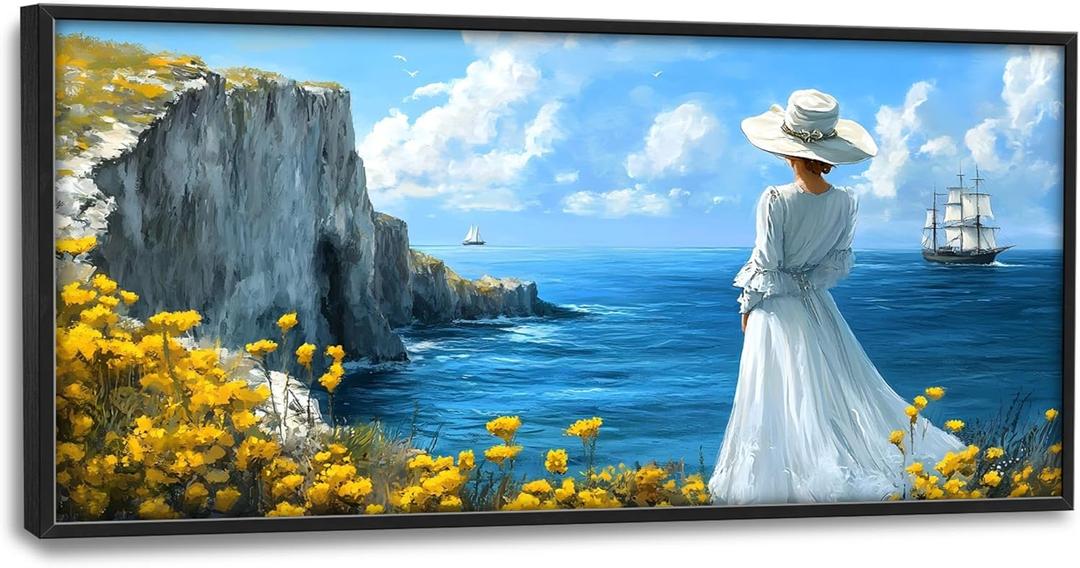Coastal Boat Large Wall Art Framed Wall Decor for Living Room Ocean Coast Pictures Oversized Canvas Print Painting Modern Extra Large Framed Artwork for Bedroom Office Home Decor 60"x30"