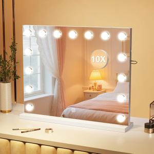 S'bagno Vanity Mirror with Lights, 12 Dimmable LED Bulbs Hollywood Mirror, 3 Color Modes & Memory Function Makeup Mirror with Lights, Detachable 10X Magnification, Touch Control, USB-A(19''x14'')
