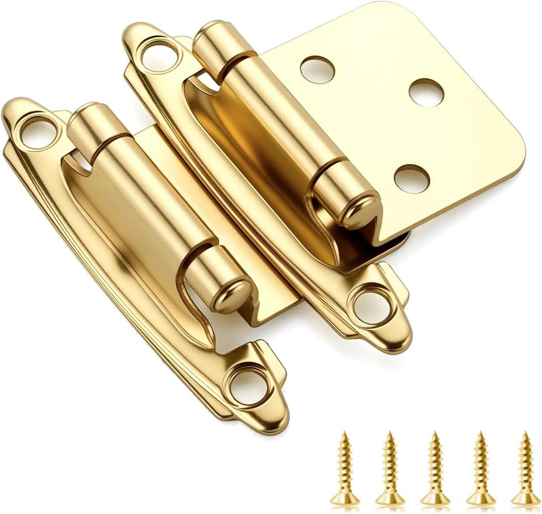 Ravinte 20 Pack (10 Pairs) 1/2 inch Overlay Cabinet Hinges, Self-Closing Semi-Concealed Face Mount, Satin Brass Decorative Hardware with Door Bumpers for Kitchen & Cupboard Doors, Gold