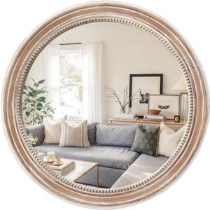 sawsile Round Wood Mirror,24 inch Circle Rustic Farmhouse Natural Wooden Frame Boho Beads Wall Mirror for Bathroom,Living Room,Bedroom or Entryway
