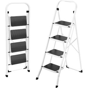 HBTower Step Ladder 4 Step Folding Ladder, Lightweight Portable Stepladder with Anti-Slip Pedal, Ladders with Convenient Handrails,330 lbs Capacity Step Stool for Kitchen, Home,White