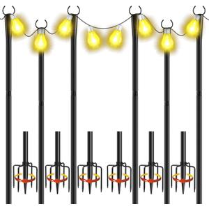 6 Pack 10Ft String Light Poles, Metal Poles with Fork for Outside Lights,Outdoor Metal Light Stand with Fence Brackets Hanging Lights for Garden Patio Wedding Backyard Deck Party