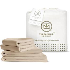 Threadmill Rayon Bamboo Queen Sheet Set - Rayon Bamboo Sheets for Queen Size Bed, 4 Piece Beige - Silky Soft, Cool, Lightweight, Breathable - 16 Inch Deep Pocket - Moisture Wicking & Cooling