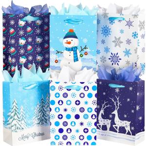 SPERPAND 24 Pack Small Christmas Gift Bags with Tissue Paper, 8.7"x6.3"x3.1", Blue and White Xmas Gift Bags Bulk with Handles for Christmas, Birthday Parties, Gift Wrapping