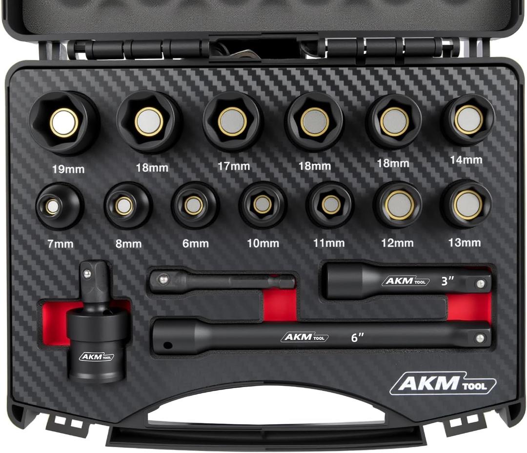 17PCS 3/8 Inch Drive Magnetic Impact Socket Set, Metric, 7mm-19mm, 6 Point, Cr-Mo, Square Drive, Magnetic Socket with Universal Joint, Drill Bit Adapter & Extension