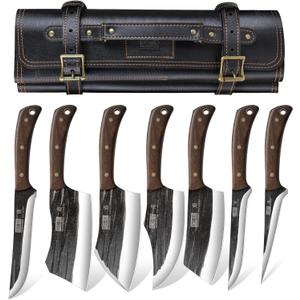HOSHANHO Butcher Knife Set, Hand Forged Butcher Chef Knife Set with Roll Bag, Sharp Meat Cleaver Knife & Bone Chopper Knives & Fillet Knives for Home & Camping & BBQ Gift with Men
