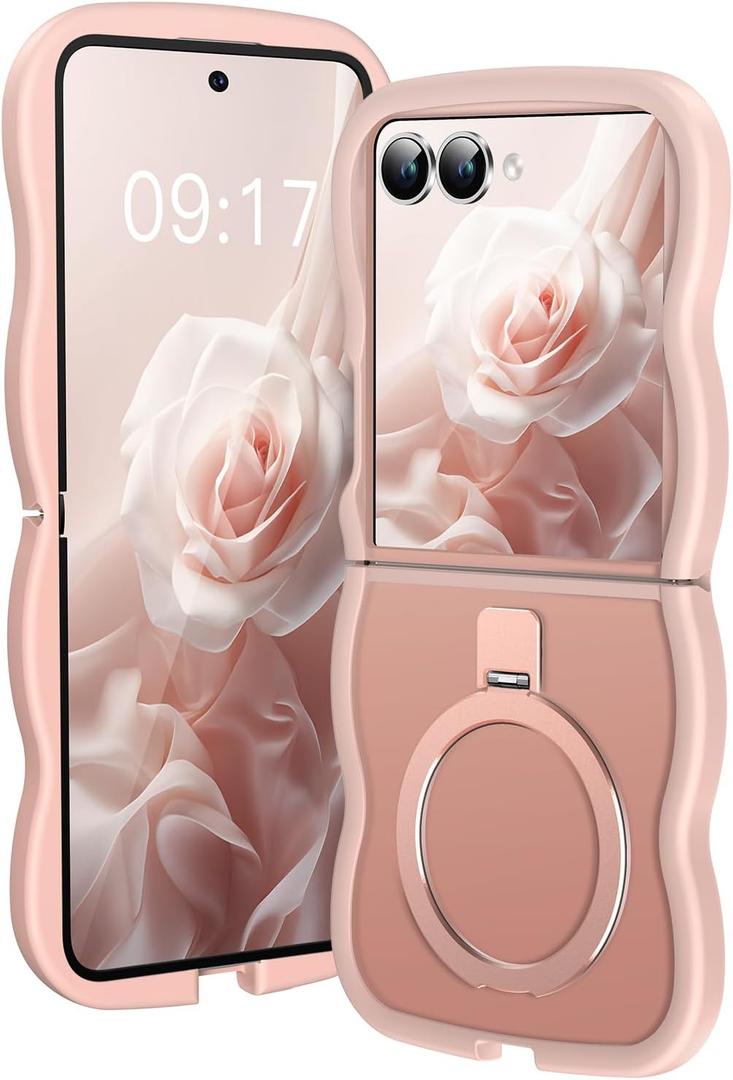 [Magnetic Stand & Wave Frame] Case for Samsung Galaxy Z Flip 7 [Fit for MagSafe] [Military Drop Protective] Not Yellowing Translucent Z Flip 7 Phone Ring Cover for Women Men 6.9" Pink