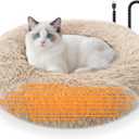 Heated Cat Beds for Indoor Cats and Small Dogs, 24'' Heated Pet Bed with Timer and Temp Adjustable, Cozy Fluffy Round Calming Pet Beds Removable Washable Cover USB Electric Warm Cat Bed- Camel