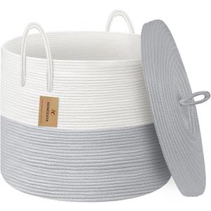 HONCESTA 18" X 14" Large Wicker Basket with Lid, Blanket Basket Living Room, Woven Cotton Rope Storage Bin, Kids Dog Toy Storage Bin Box, Tall Laundry Hamper, Blankets Pillows Organizer Holder