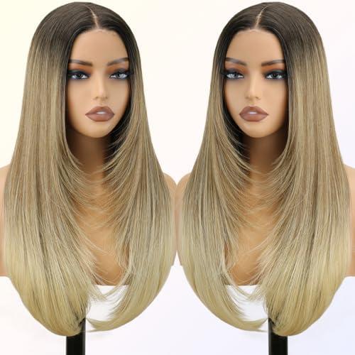 NOSTALGIA Ombre Blonde Wear and Go Glueless Wigs Pre Plucked Pre Cut for Beginners Synthetic Lace Front Wigs With Bangs Blonde Long Layered Straight Wigs