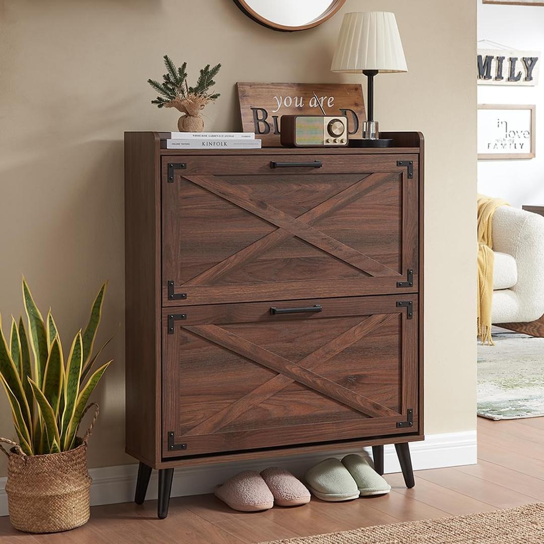 Farmhouse Shoe Storage Cabinet with 2 Flip Drawers & Barn Door