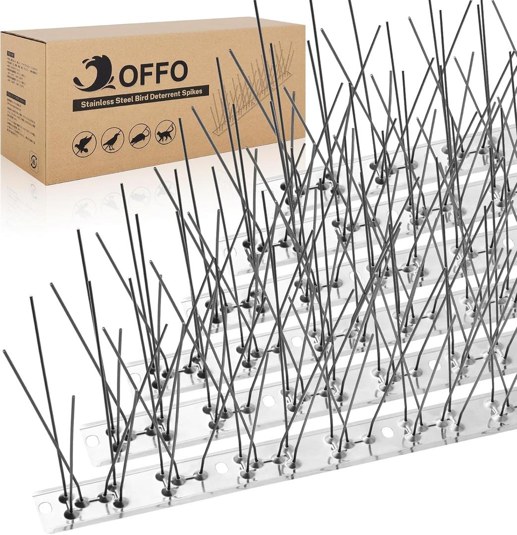 OFFO Bird Spikes Pre-Assembled for Pigeons Birds, Cover 10 Feet Durable Bird Spikes with Stainless Steel for Fence Roof Mailbox Window (Bright Silver)