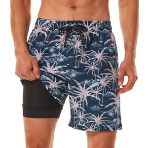HODOSPORTS Mens Swimsuit Trunks 7" Quick-Dry Swim Shorts with Compression Liner and Zipper Pockets (Large, 14 - Coconut Trees)
