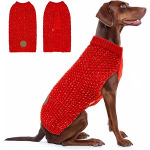 KYEESE Dog Sweater for Large Dogs with Leash Hole Warm Pullover with Reflective Yarn Male Thick Stretchy Knitwear Winter Soft Pet Coat boy Cold Weather Comfy Dog Sweaters,Red,XXX-Large