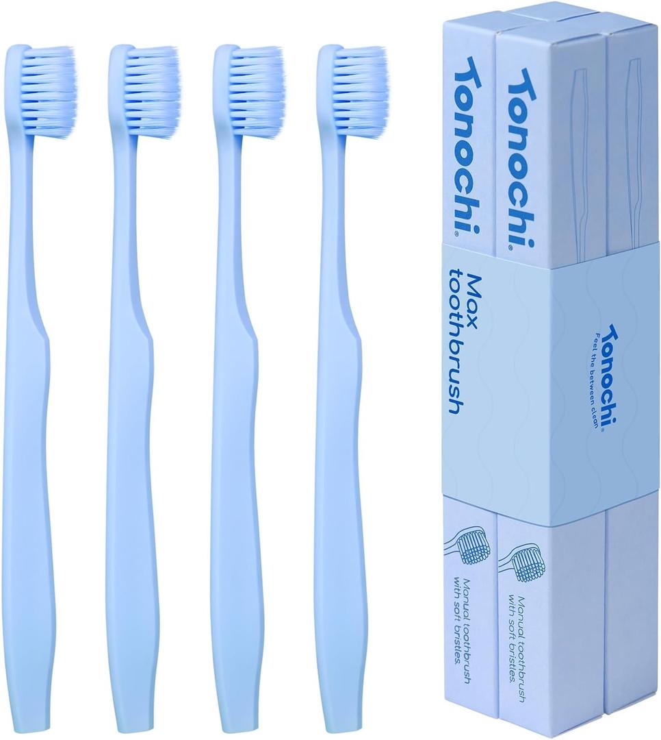 Max Extra-Soft Toothbrush for Adults Sensitive Gums  Gentle Bristles, Wide Angled Head for Back Teeth, Ergonomic Non-Slip Grip, BPA-Free Handle, Individually Wrapped, 4-Pack(Blue)