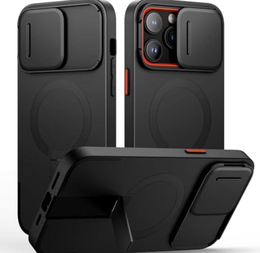 SURITCH for iPhone 14 Pro Max Case with Magnetic Camera Slide Cover and Adjustable Kickstand, Compatible with MagSafe, Shockproof Bumper Case Slim Protective Cover 6.7 Inch, Black