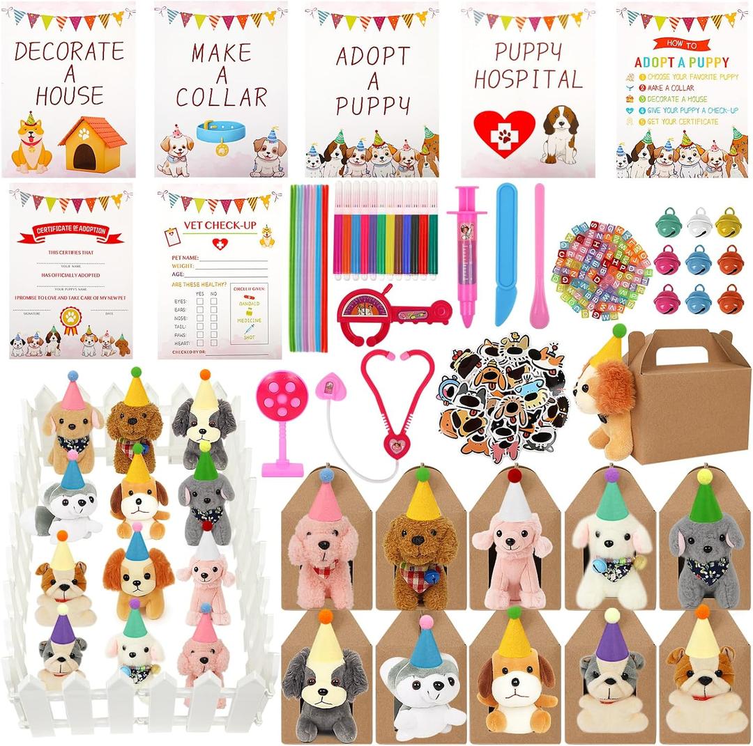 Adopt a Dog Party Favors Set - 12 PCS Plush Stuffed Puppies with Party hats include Paper House, fence, Adoption Cards, DIY Collars, House Decor and Check-up Accessories for Puppy Party Birthday
