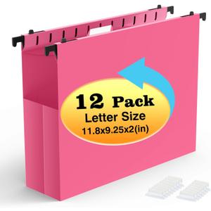 Extra Capacity Plastic Hanging File Folders,12 Pack Reinforced Expanding Hang Folder Letter Size,Accordian Pocket,Heavy Duty 2 Inch Expansion, Hard Hanging Folder Organizer for Office Home,Pink