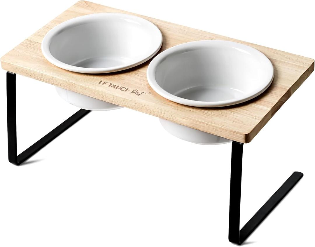 Elevated Dog Bowls, Raised Dog Bowl Stand with Two 6.5 inch Ceramic Bowl, NonSlip Puppy Food and Water Bowls, Dogs Feeder for Small and Medium Breed, White