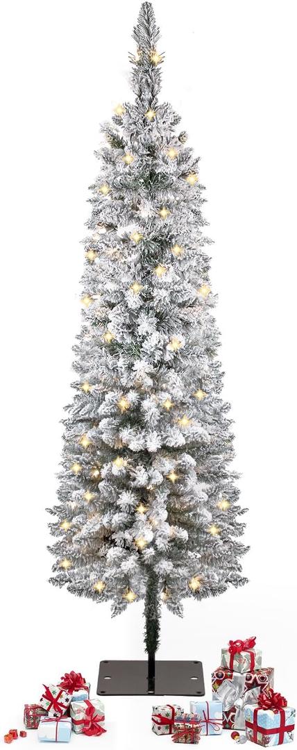 Snow Flocked Christmas Tree Pre-Lit with Warm Lights, White Frosted Pencil Noble Fir, Lighted Slim Artificial Xmas Tree Metal Stand, Premium Holiday Decoration UL Listed 4FT