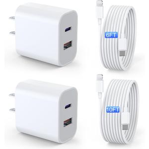 iPad Charger 2 Pack 20W Dual Port QC + PD 3.0 Power Adapter Fast Wall Charger Block with 6FT&10FT Lightning Cord Cable for iPad 9/8/ 7 Generation, iPad Air, iPad mini, iPad Pro, iPhone