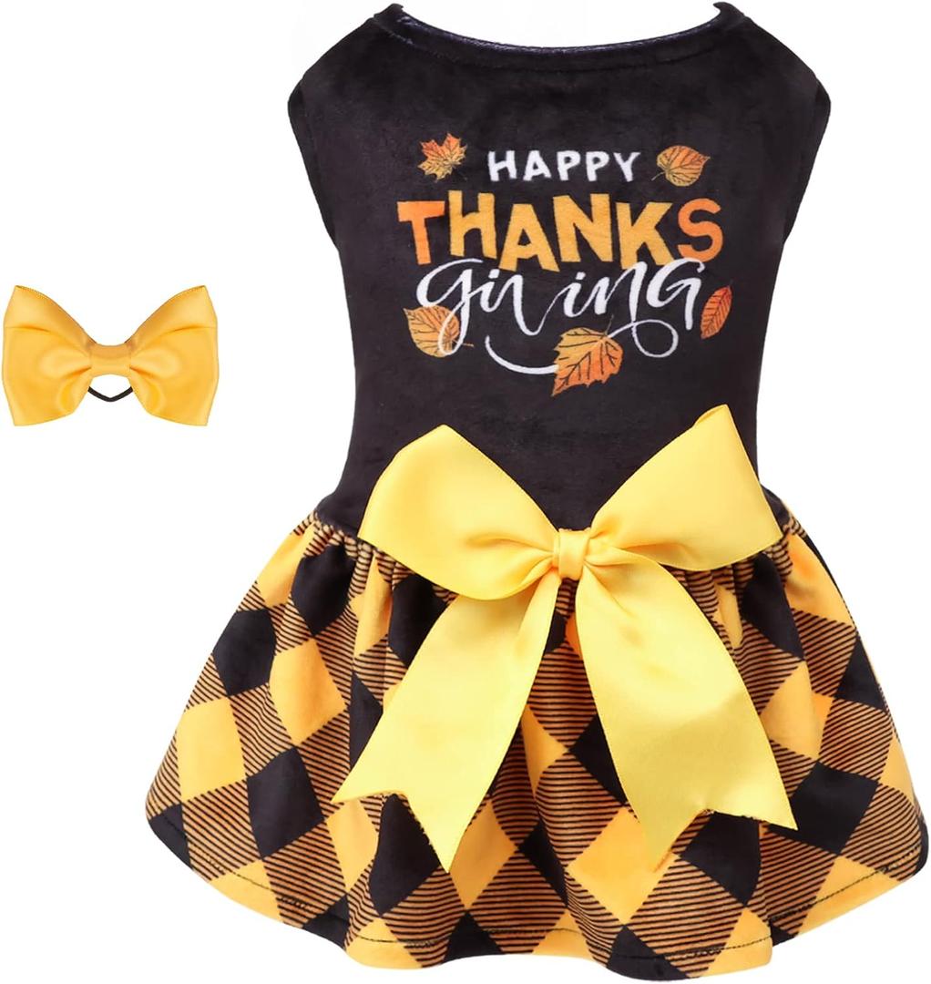 CuteBone Happy Thanksgiving Day Dog Fall Dress Costume Velvet for Small Dogs Girl Puppy Dresses Yellow Plaid Dog Clothes CVA03L-D 