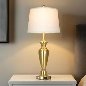 Gold Table Lamp for Living Room Single, 30 Tall Touch Control Bedside Lamp for Nightstand, 3-Way Dimmable Bedroom Lamp with USB A+C Ports and AC Outlet (1 Pack)
