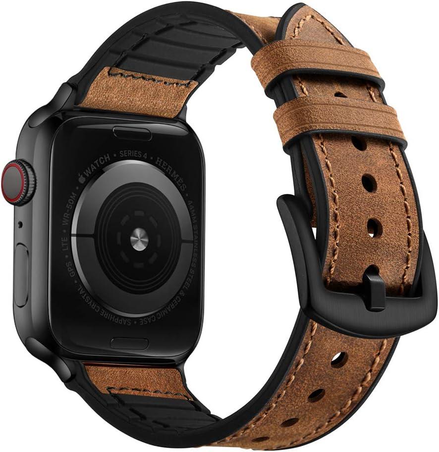 OUHENG Leather Bands Compatible with Apple Watch Band 49mm/46mm/45mm/44mm/42mm, Sweatproof Leather Rubber Hybrid Strap for iWatch Ultra 3/2/1 Series 11 10 9 8 7 6 5 4 3 2 1 SE 3/2/1, Brown/Black