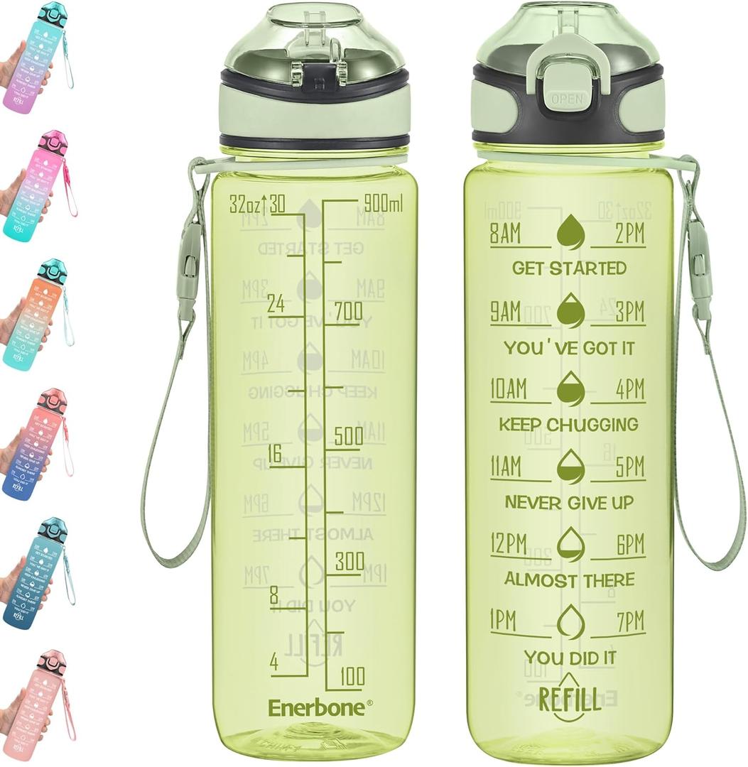 Enerbone 32 oz Water Bottle with Times to Drink and Straw, Motivational Drinking Water Bottles with Carrying Strap, Leakproof BPA & Toxic Free, Ensure You Drink Enough Water for Fitness Gym Outdoor (Olive)