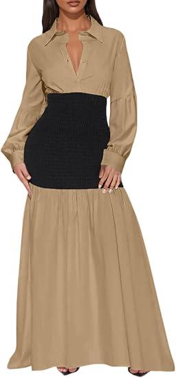 Ekaliy Women's Puff Long Sleeve Shirt Dress Elegant Button Down Loose Swing Party Maxi Dress XXL