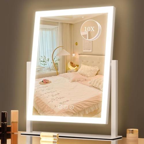 Lighted Vanity Mirror with Lights, Makeup Mirror with Light, 16.7"x 13.2",Three Color Lighting Modes and Dimmable Lighting, Smart Touch Control, 360°Rotation, for Vanity Desk Tabletop, Dressing Room (White)